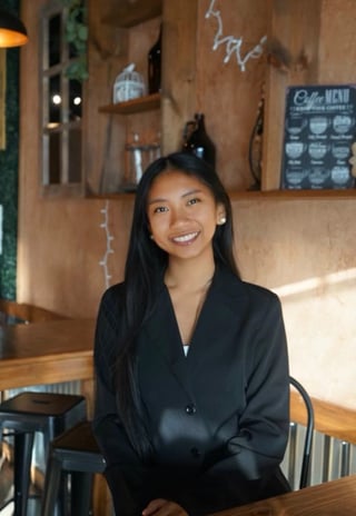 Smiling woman in black blazer sitting at wooden table in modern coffee shop with shelving and menu board behind her