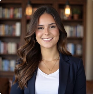 Professional headshot of a smiling woman with long wavy brown hair wearing a dark blazer and white top in front of a bookshelf