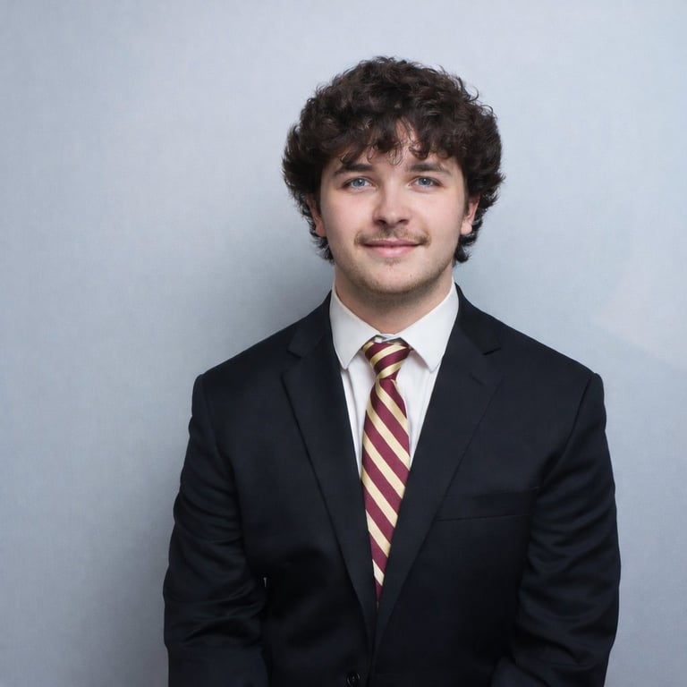 Professional headshot of a man with curly dark hair wearing a black blazer and burgundy striped tie against a light blue background